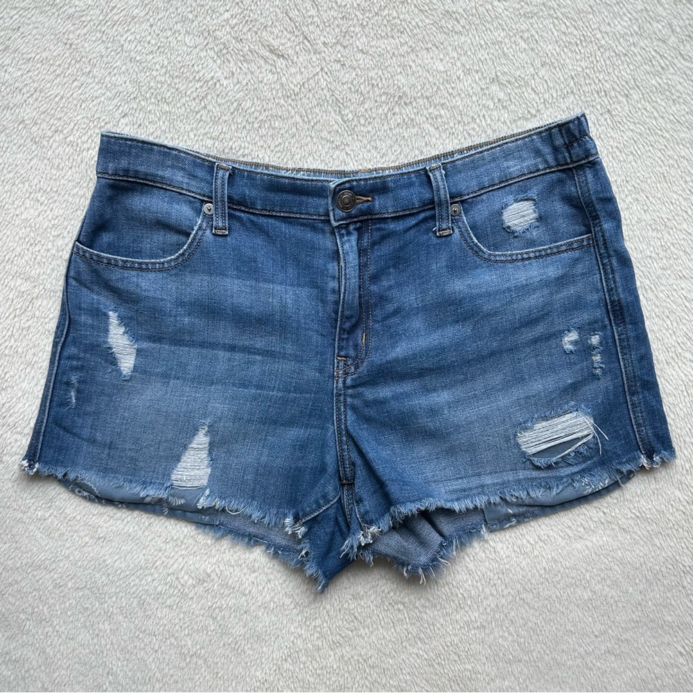 Aerie Daydream Dark Distressed Denim Shorts Blue Elastic Waist 3” AE Medium